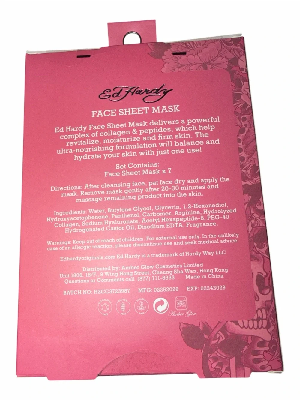 NWT Ed Hardy Collagen & Peptides Face Sheet Mask Set 7 Pack Pink Tattoo Print
